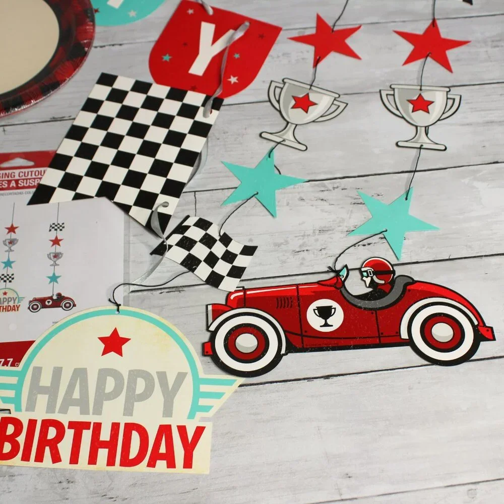 Vintage Derby Race Cars Happy Birthday Banner Paper Plates Party Decor